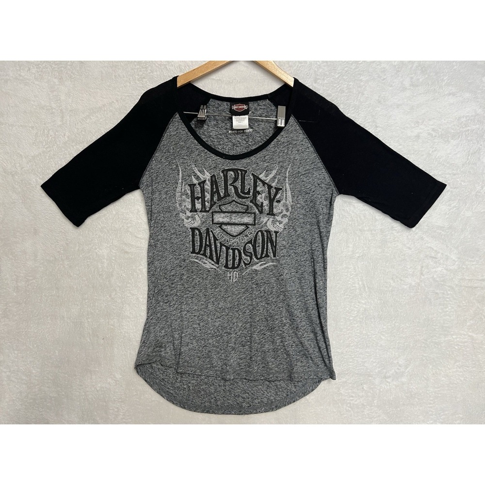 Harley Davidson Savannah GA Womens Large Raglan Shirt Gray Black Skull Tee